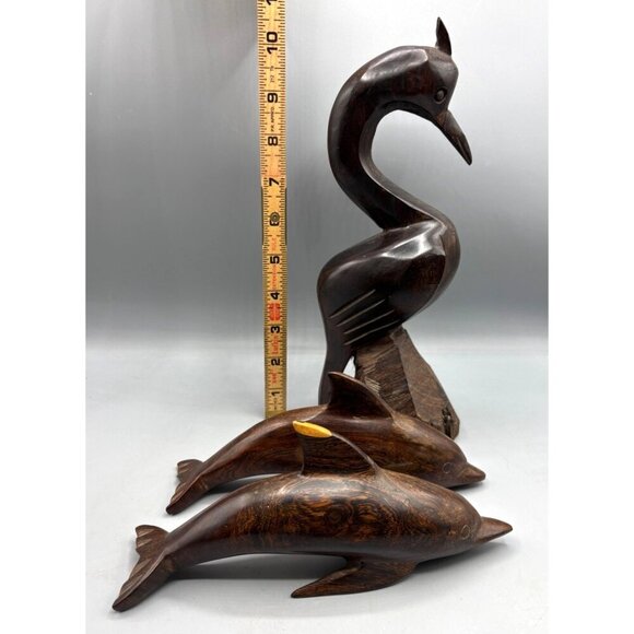 Vtg 3 Pc Ironwood Hand Carved Wood Pelican Crane Dolphins‎ Figurines Nautical - Picture 5 of 10